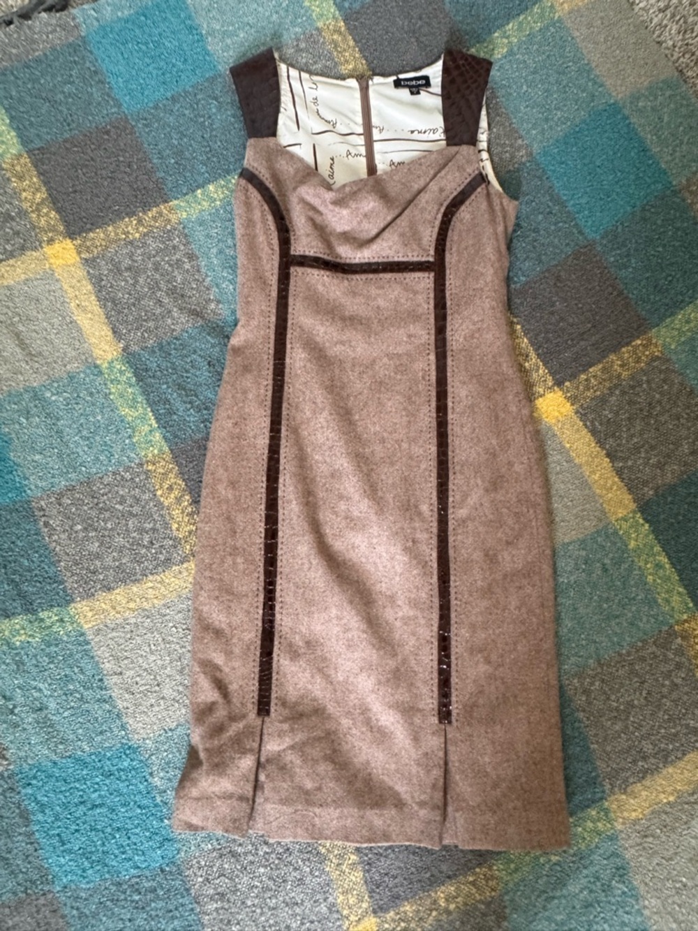 bebe Taupe Midi Dress with Dark Brown Crocodile Leather Style Trim BNWOT